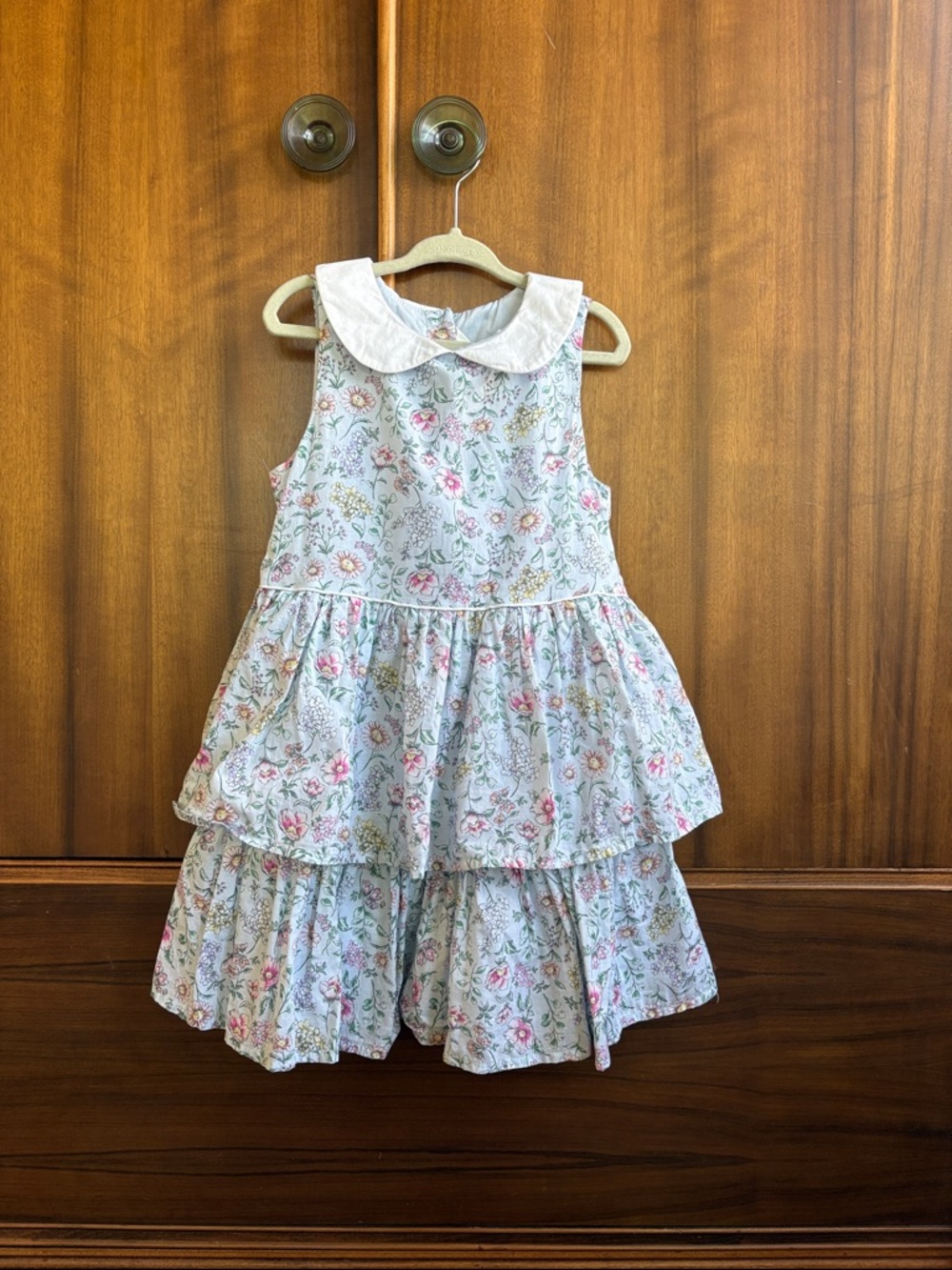 Jamie & Jack Girls Floral Tiered Dress with Peter Pan Collar - White / Pink